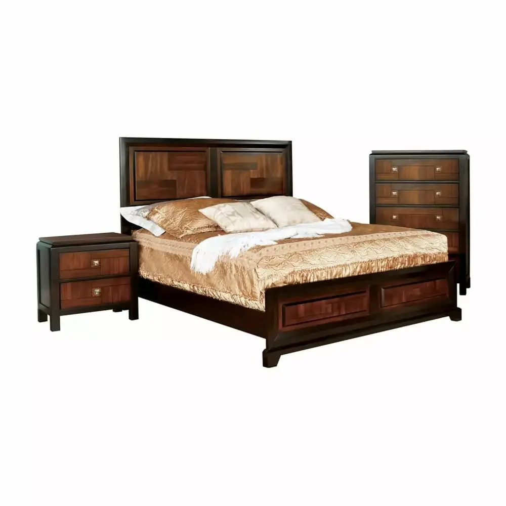 Bowery Hill 3pc Walnut Wood Panel Queen Bedroom Set with Nightstand and Chest