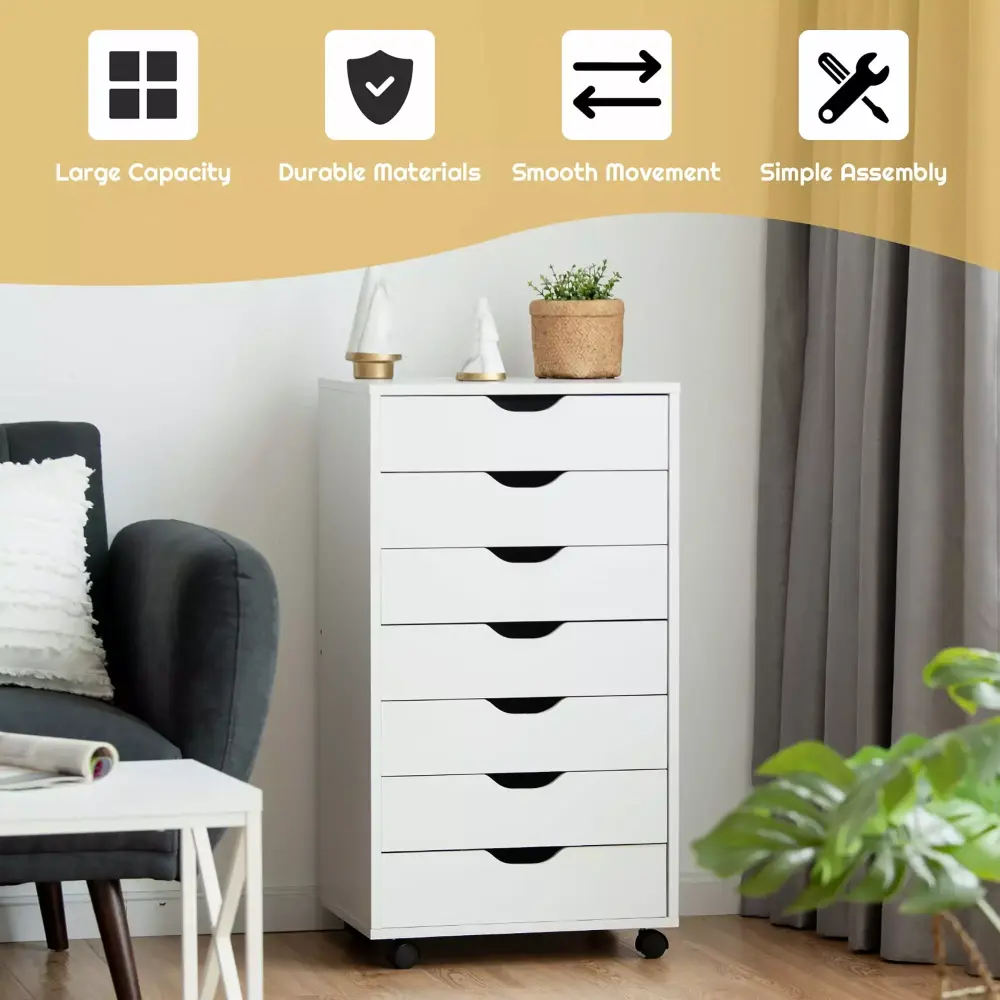 Costway 7 Drawer Chest Storage Dresser with Wheels White Floor Cabinet