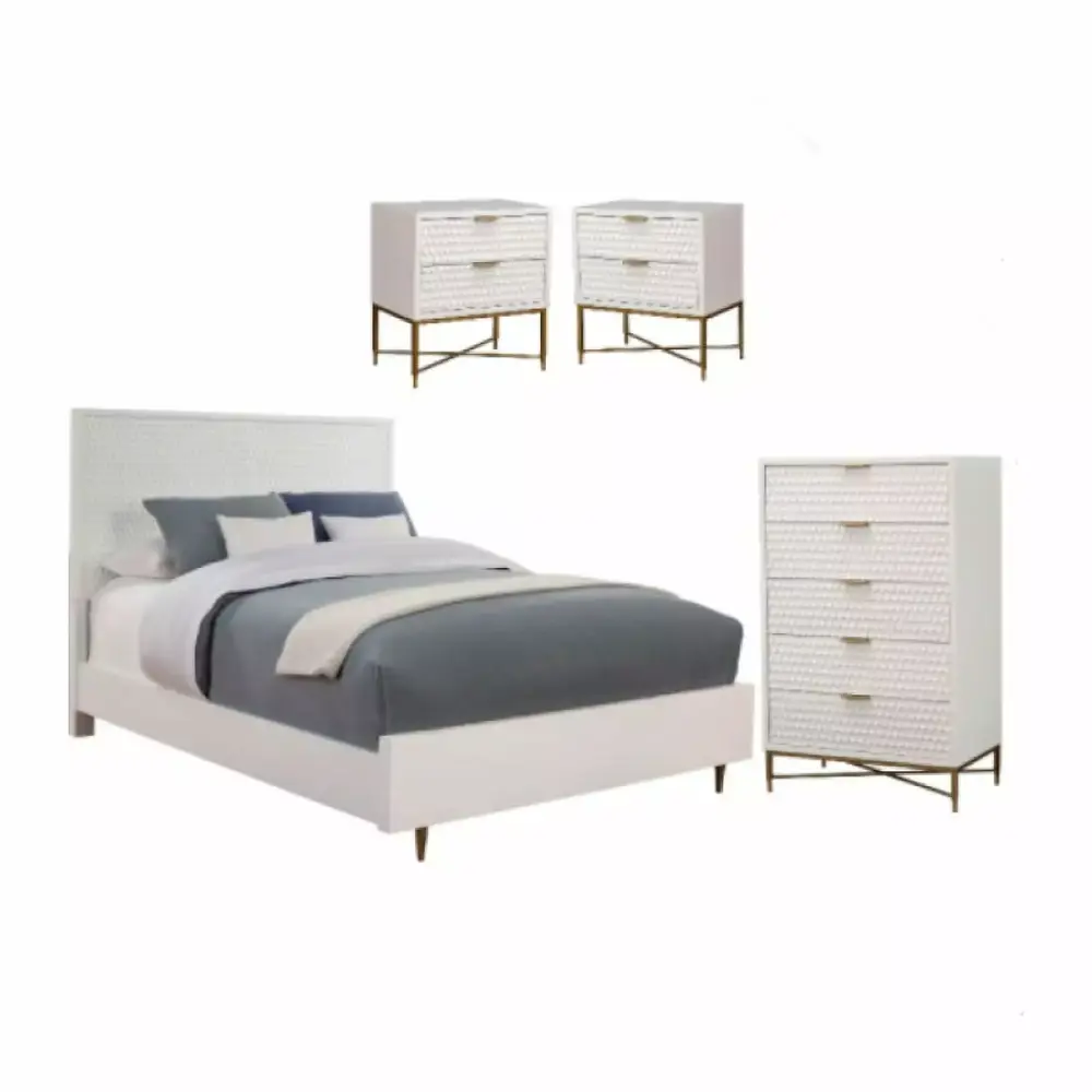 Home Square 4 Piece Set with 2 Nightstands Full Wood Panel Bed & Chest in White