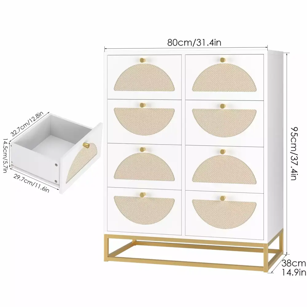 Homfa 8 Drawer Rattan Double Dresser Wood Wicker Chest of Drawers Storage Cabinet White