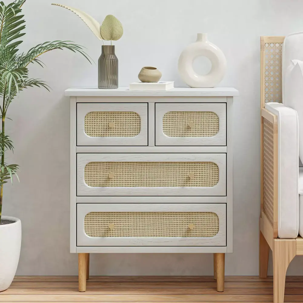 COZAYH Wicker Rattan Chest of Drawers 4-Drawer Dresser White Boho Storage Cabinet