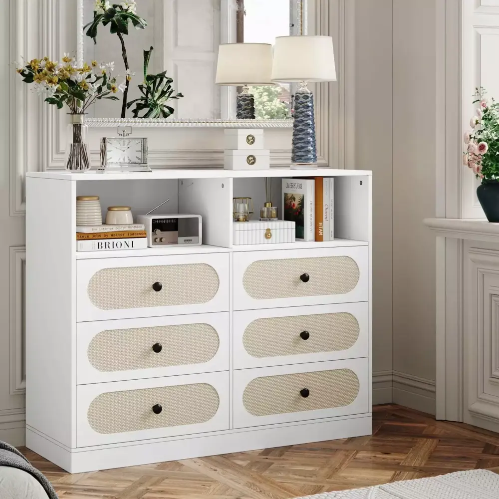 Homfa 6 Drawer Rattan Dresser with Shelves Modern Wicker Chest Storage Cabinet for Bedroom Living Room White