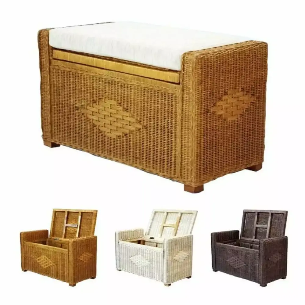 SK New Interiors Bruno Rectangular Chest Ottoman 32 ECO Handmade Natural Rattan Wicker with Cushion