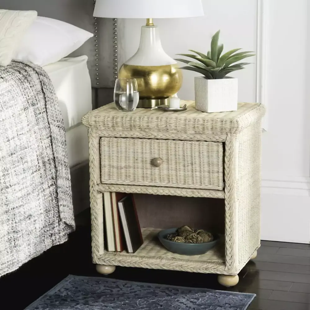 SAFAVIEH Adira Natural White Wash Wicker Nightstand - Boho Bedside Table