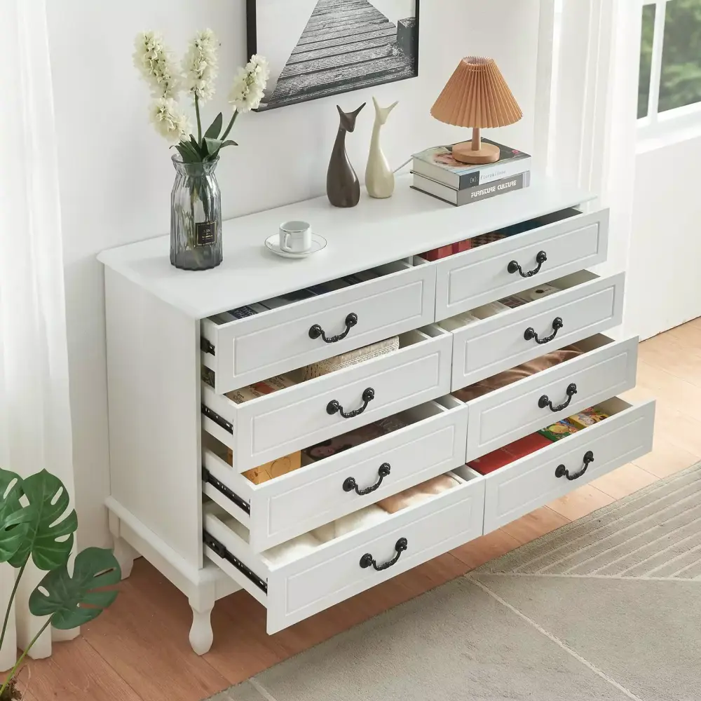 8 Drawer Dresser Pure White with Black Handles Modern Wood Dresser for Bedroom