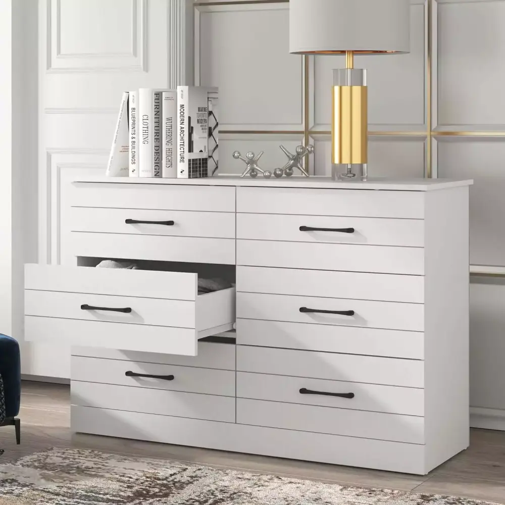 DALEI Elis 6 Drawer Dresser with Interlock Drawer Highlight in Matt White for Bedroom