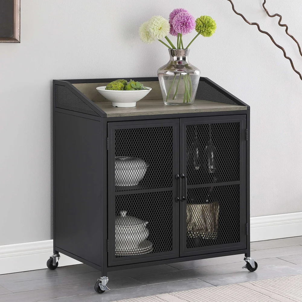 Arlette Grey Wash and Sandy Black Wine Cabinet with Wire Mesh Doors