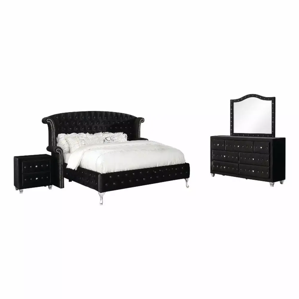 Pemberly Row 4-Piece Velvet California King Wingback Bedroom Set in Black