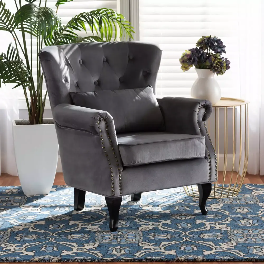 Baxton Studio Fletcher Wingback Chair in Grey Fabric for Living Room