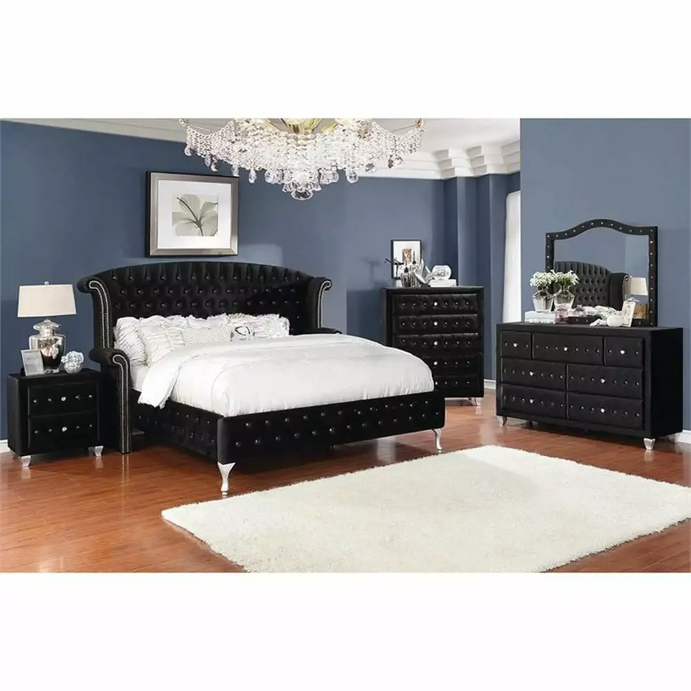 Pemberly Row 4 Piece Queen Wingback Bedroom Set in Black Finish - Dresser and Mirror Included