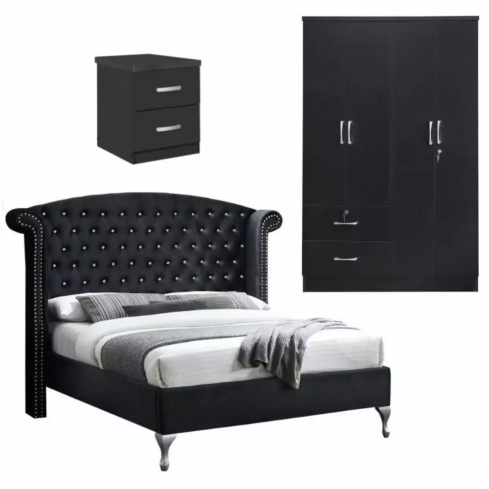 Home Square 3-Piece Full Bed 4-Door Armoire 2-Drawer Nightstand