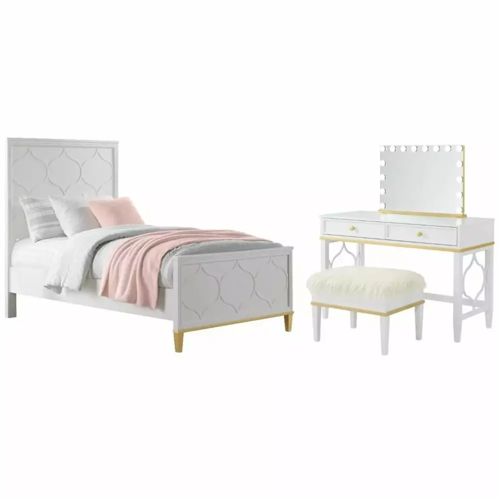 Home Square 2-Piece Emma Vanity Twin Panel Bed White Gold