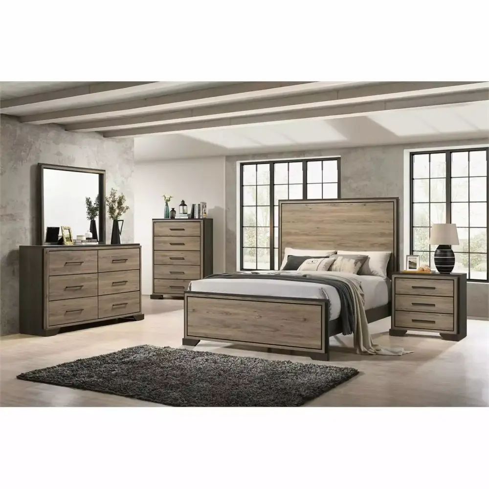 Maklaine 5-Piece Wood Queen Bedroom Set in Brown and Light Taupe