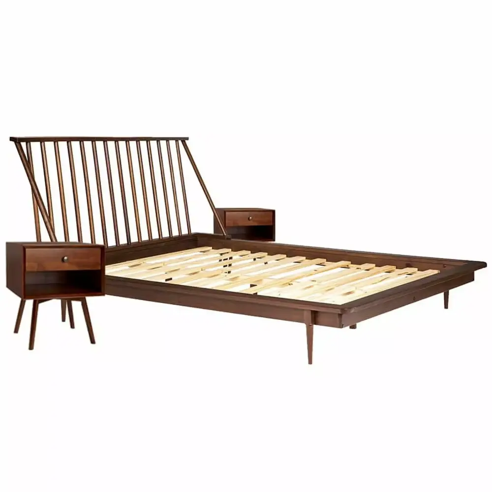 3-Piece Solid Wood Bedroom Set with Spindle Bed and 2 Nightstands in Walnut