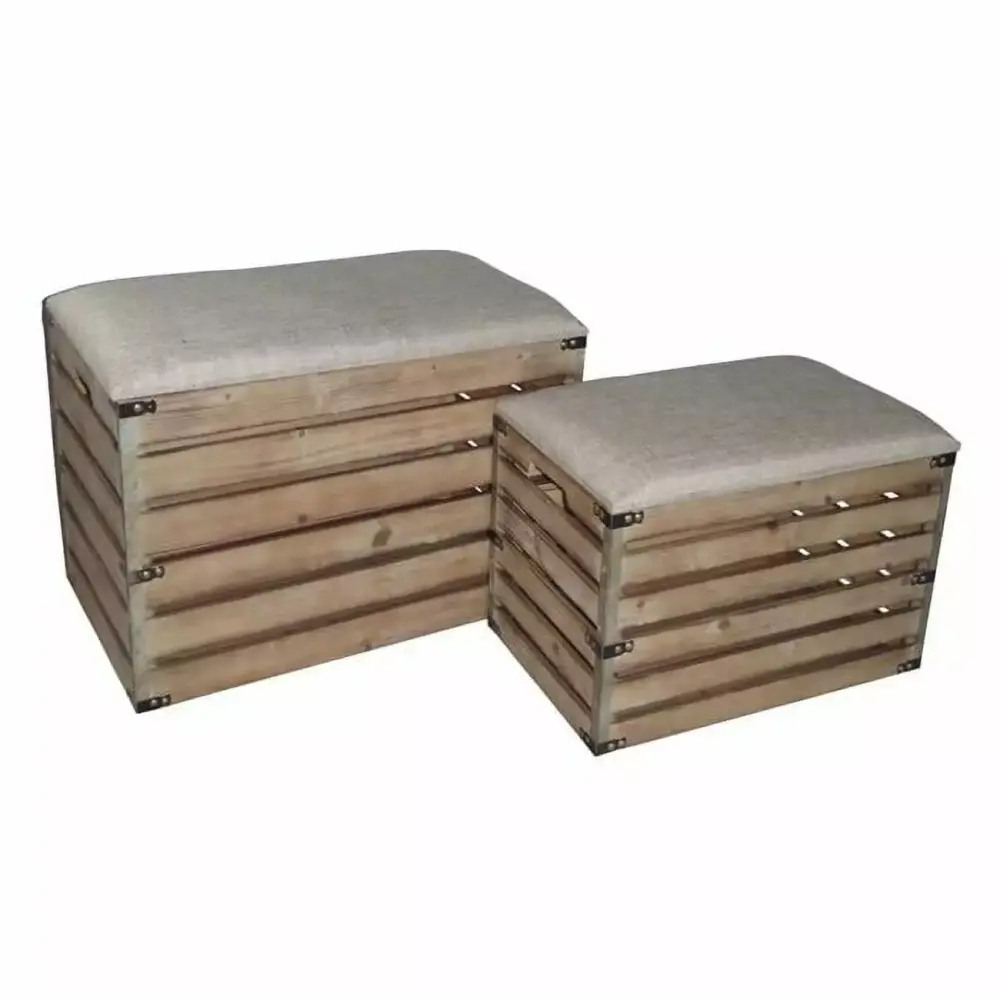 Cheungs Rectangular Wood Slat Storage Bench with Metal Accent Set of 2