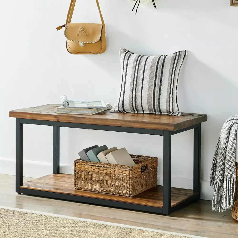 Alaterre Claremont 40 Rustic Wood Bench with Low Shelf for Entryway or Dining