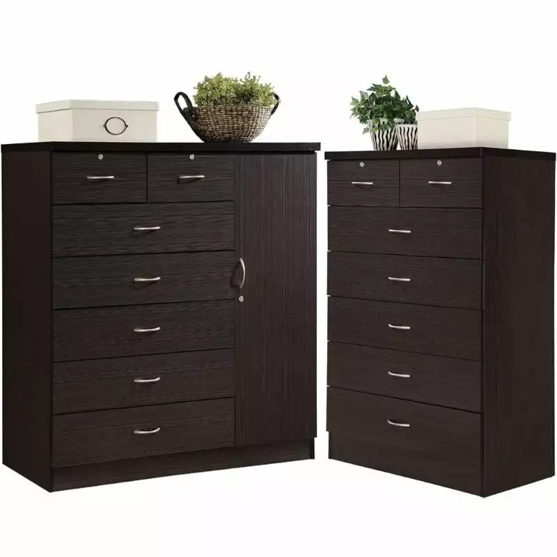Home Square Hodedah 2-Piece 7-Drawer Wood Chest Set with Locks Chocolate Finish