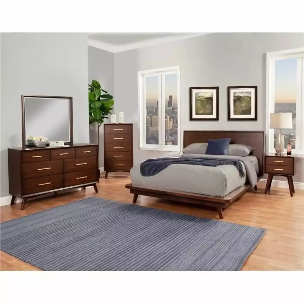 Alpine Furniture Gramercy 5 Drawer Wood Chest in Walnut Brown for Bedroom Storage