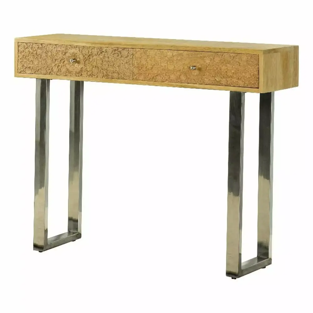 Maklaine Contemporary Wood Console Table with Hand Carved Drawers in Natural Finish