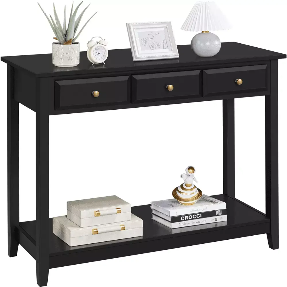 Alden Design 3-Drawer Wooden Console Table with Storage Shelf for Entryway in Black