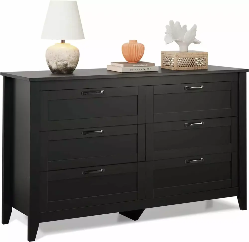 WLIVE Black Dresser with 6 Drawers - Wood Storage Chest for Bedroom and Living Room