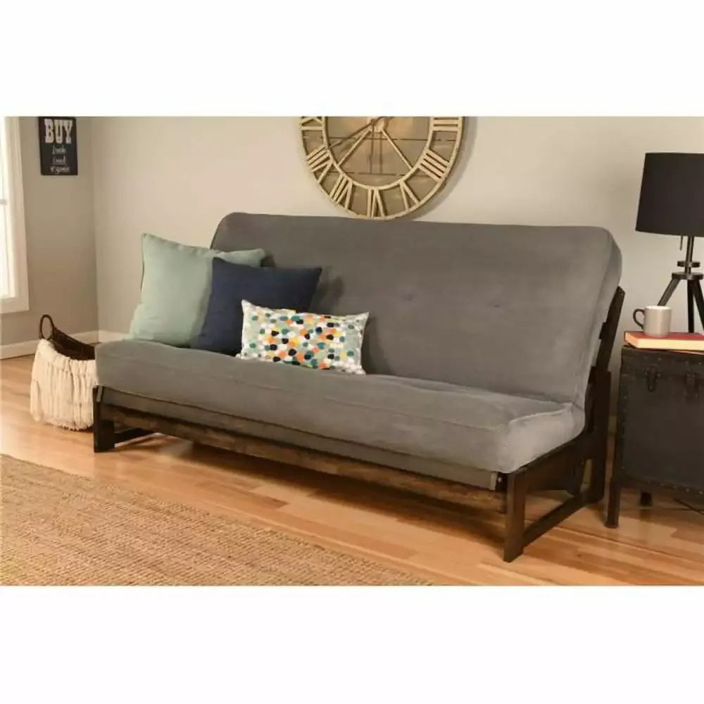 Aspen Reclaim Mocha Futon Frame with Marmont Thunder Mattress - Full Size Stylish Futon