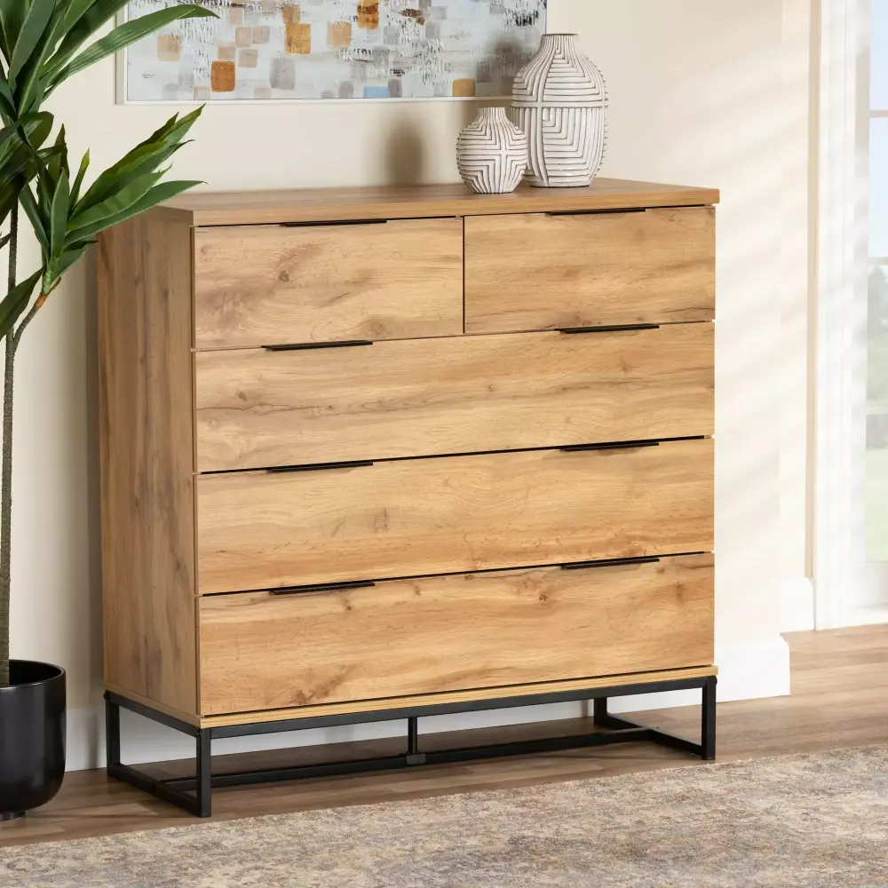 Baxton Studio Franklin Modern Oak Black Metal 5-Drawer Bedroom Chest