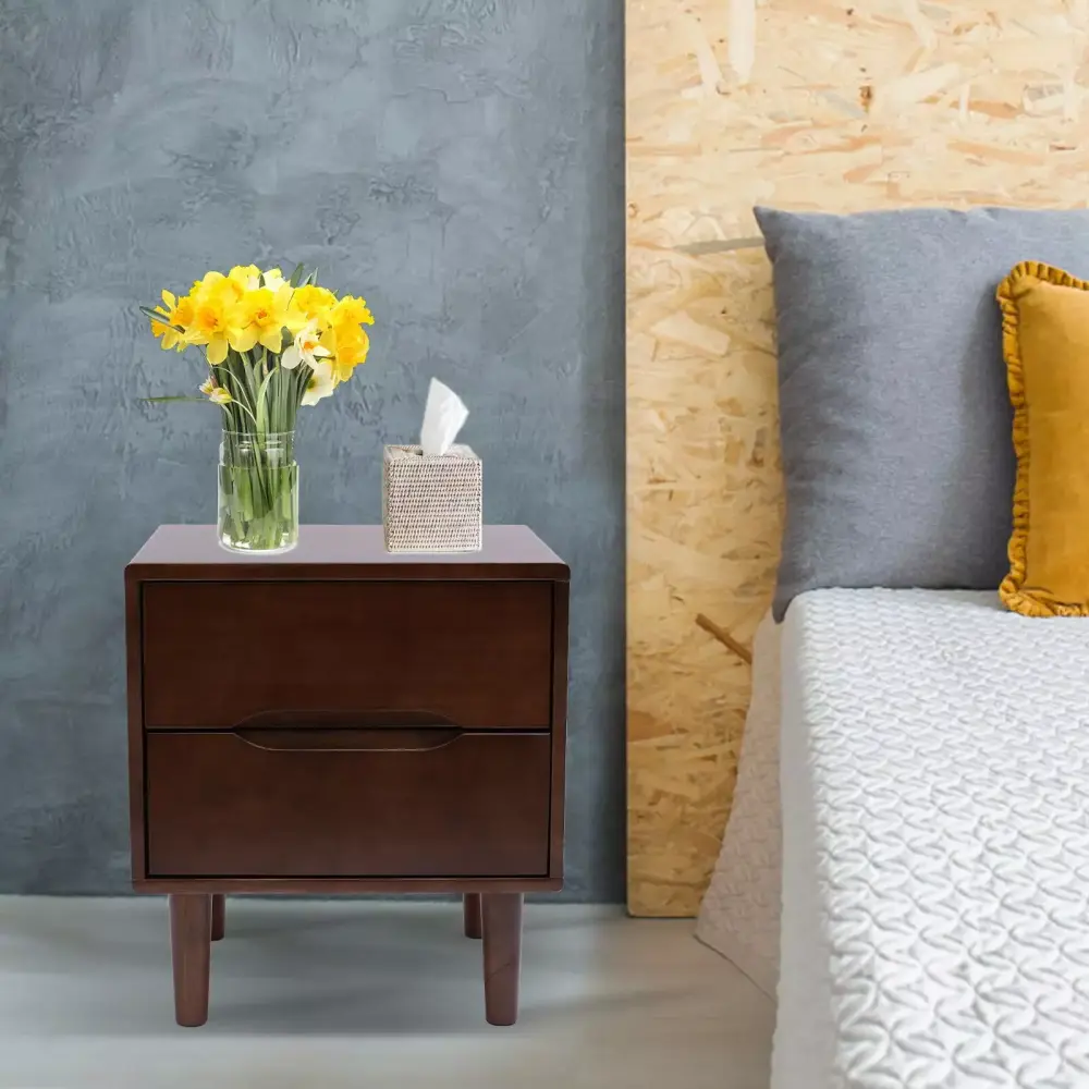 Miumaeov Mid Century Style Wood Nightstand with 2 Drawers Small Bedside End Table with Grooved Handle Walnut Brown