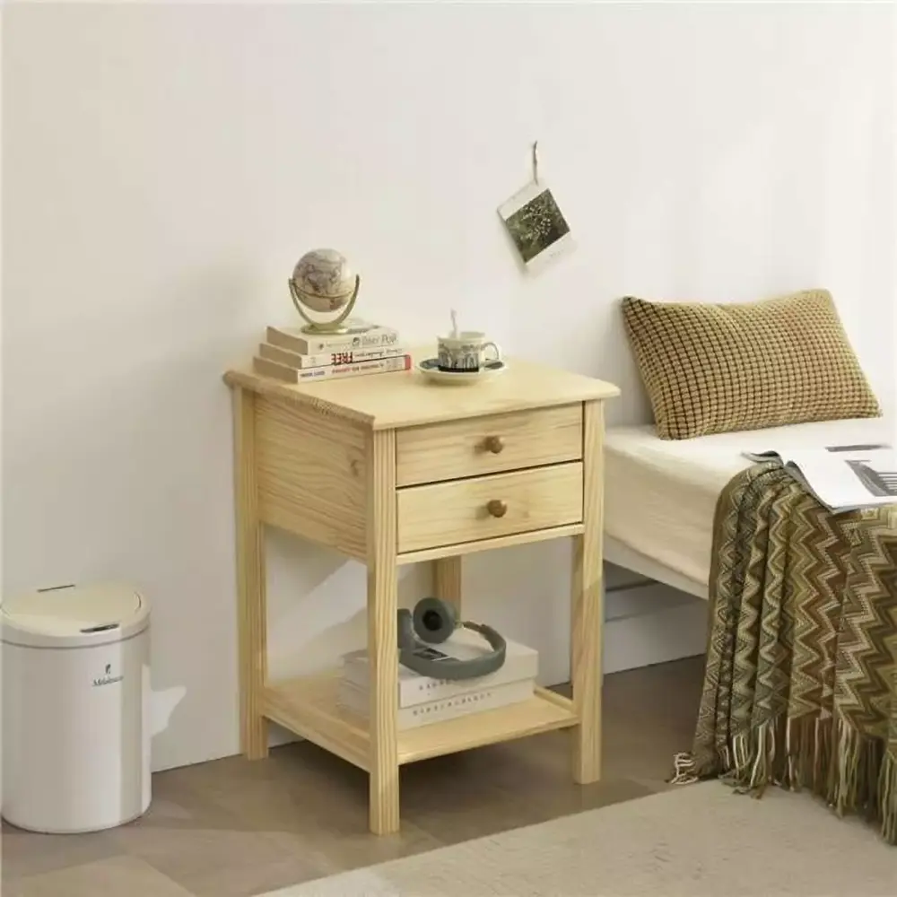 Better Home Products Solid Pine Wood 2 Drawer Nightstand in Natural - Sturdy Bedside Table