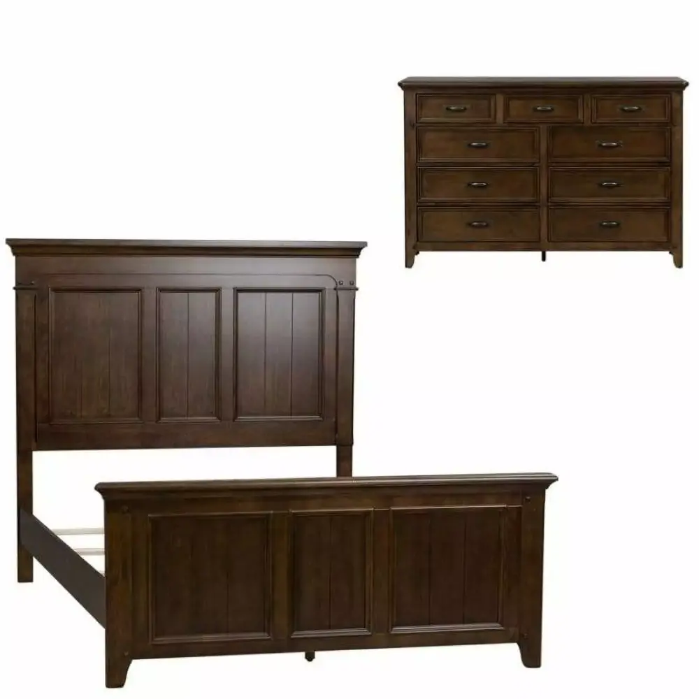 2 Piece Wooden Bedroom Set Queen Panel Bed with 9 Drawer Dresser