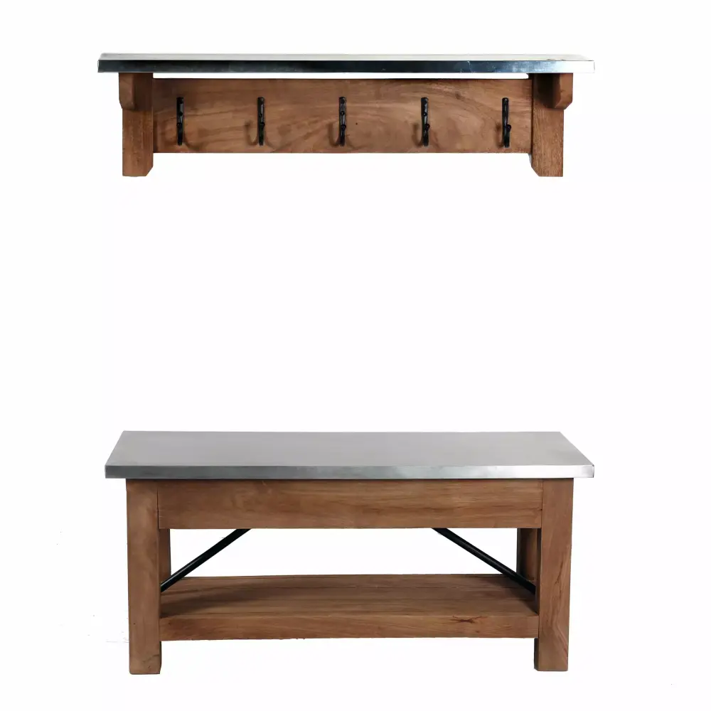 Alaterre Millwork 40 Wood and Zinc Metal Bench with Coat Hook Shelf - Entryway Bench