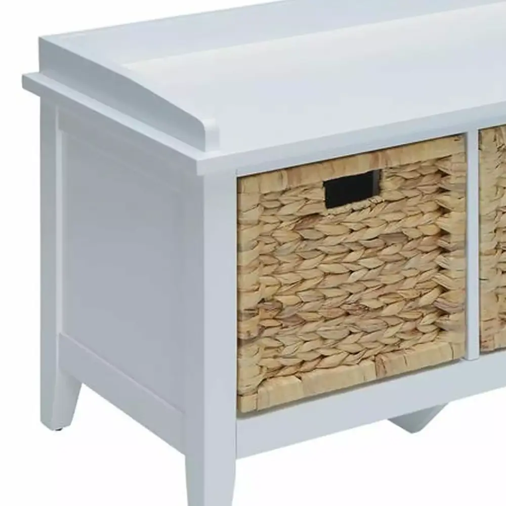 Benjara Rectangular Wooden Bench with Storage Basket in White and Blue