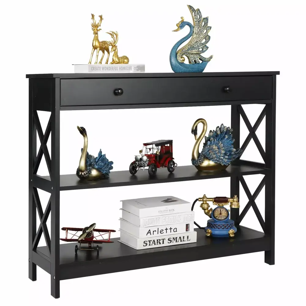 Wood 3 Tier Narrow Black Entryway End Sofa Table with Storage Drawer