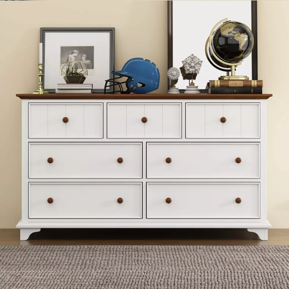 Wooden Captain Seven-Drawer Dresser for Bedroom Living Room Kids Room in White and Walnut