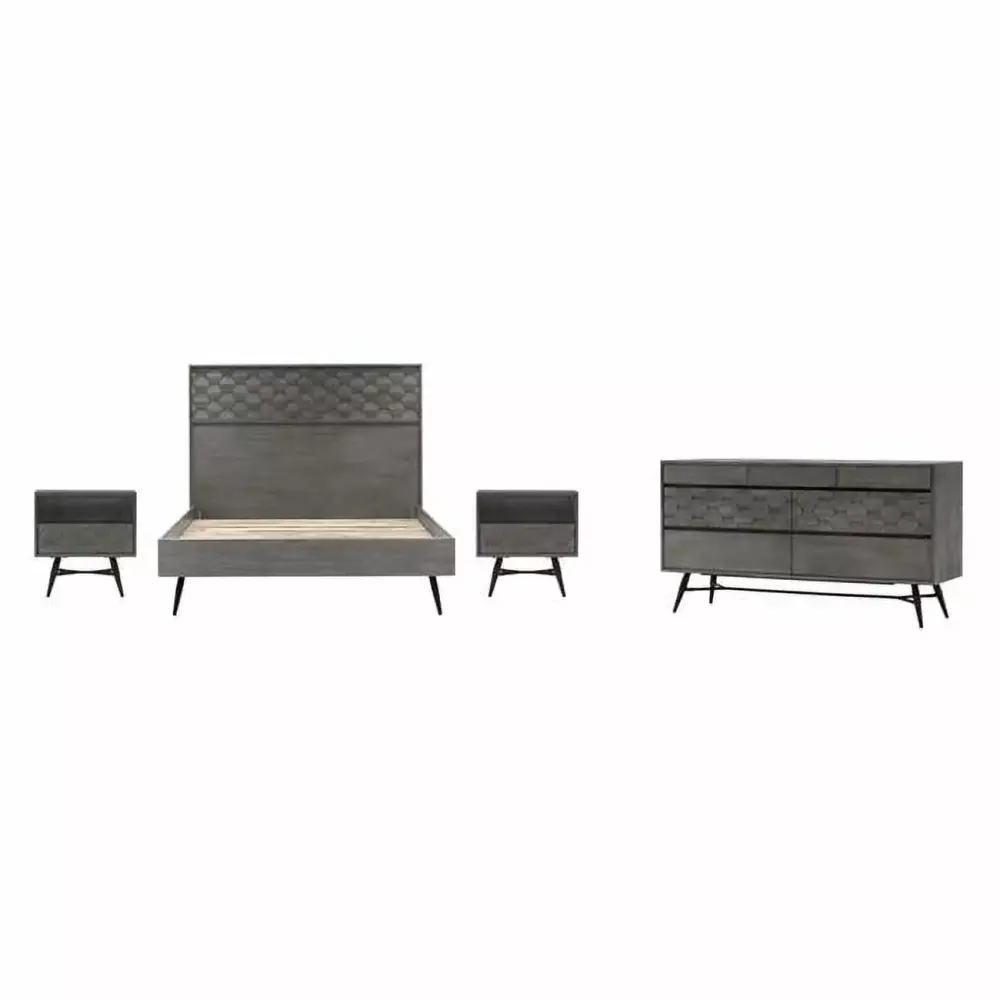 Makena Grey Acacia Wood Queen Size Bedroom Set with Dresser Nightstands 4pcs