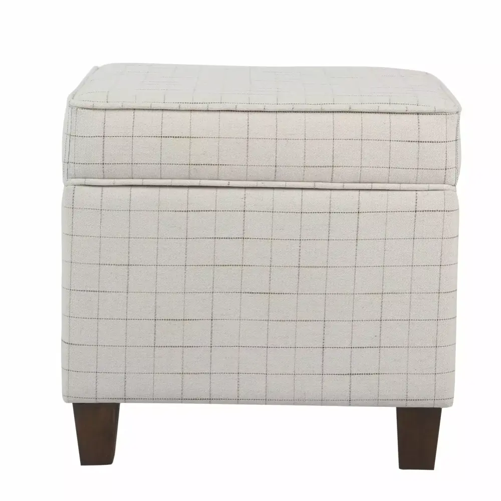 Benzara Wooden Square Ottoman with Grid Patterned Fabric Upholstery and Hidden Storage Beige and Brown