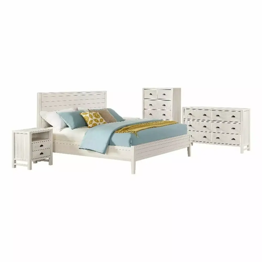 Arden 5-Piece Wood Bedroom Set with King Bed. Two 2-Drawer Nightstands. 5-Drawer Chest. 6-Drawer Dresser. Driftwood White