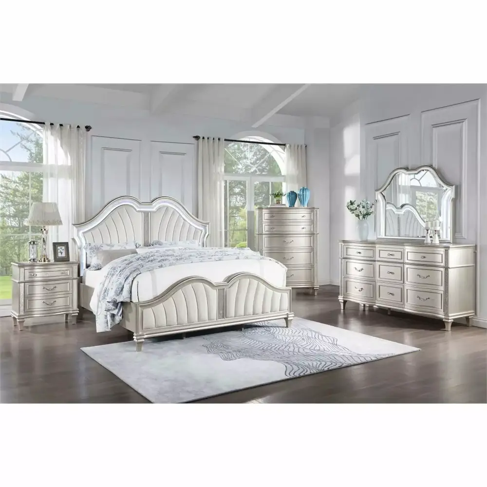 Maklaine 5-Piece Wood Eastern King Bedroom Set in Ivory and Silver Oak