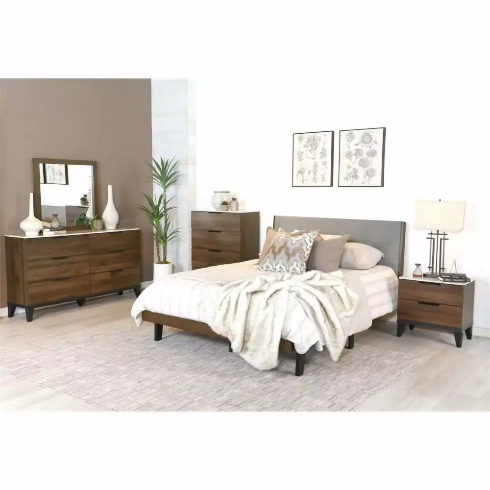Maklaine 5-Piece Wood Eastern King Bedroom Set in Walnut Brown and Gray - Complete Master Suite
