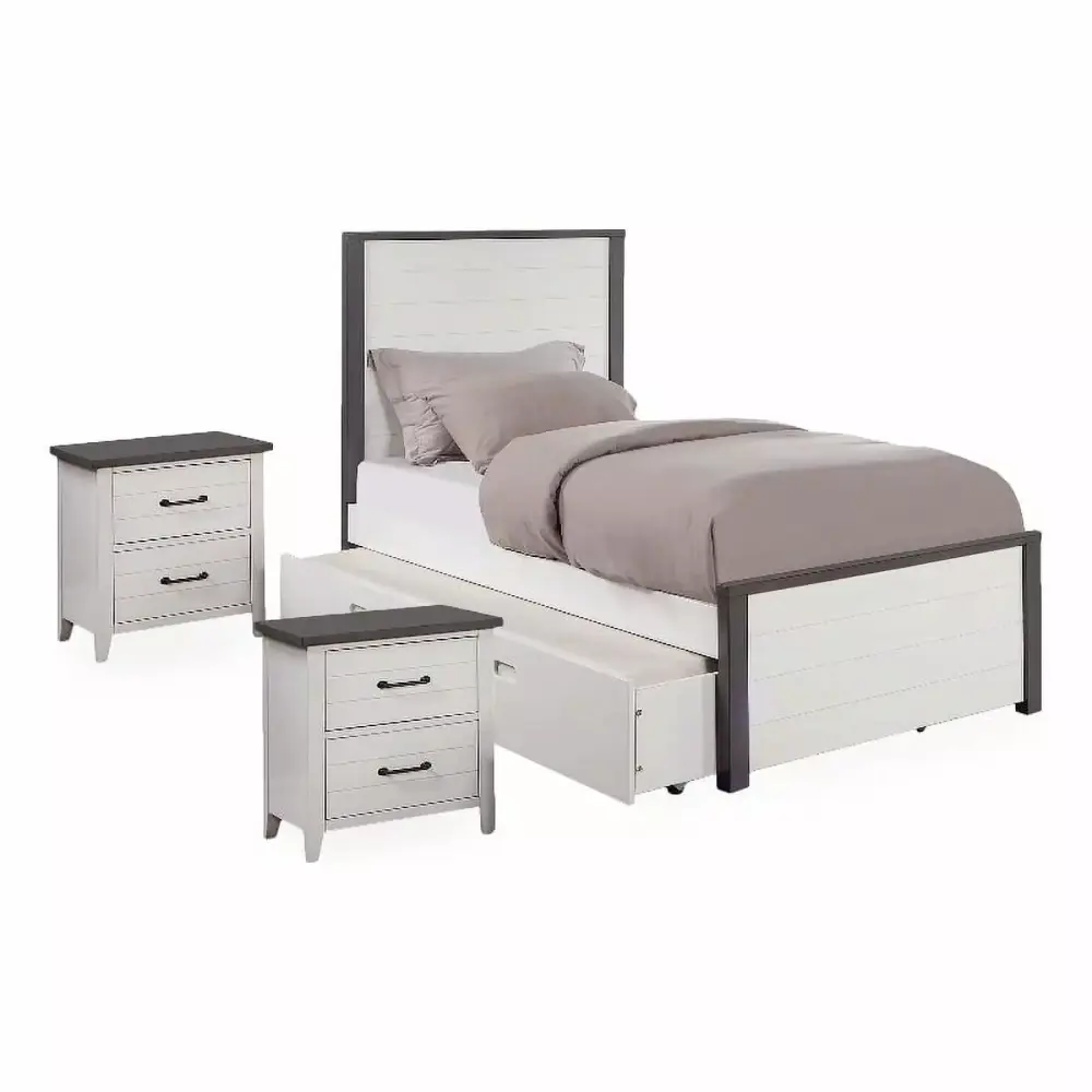 FOA Acres 3-Piece White Wood Bedroom Set - Full Bed with Trundle and Nightstands