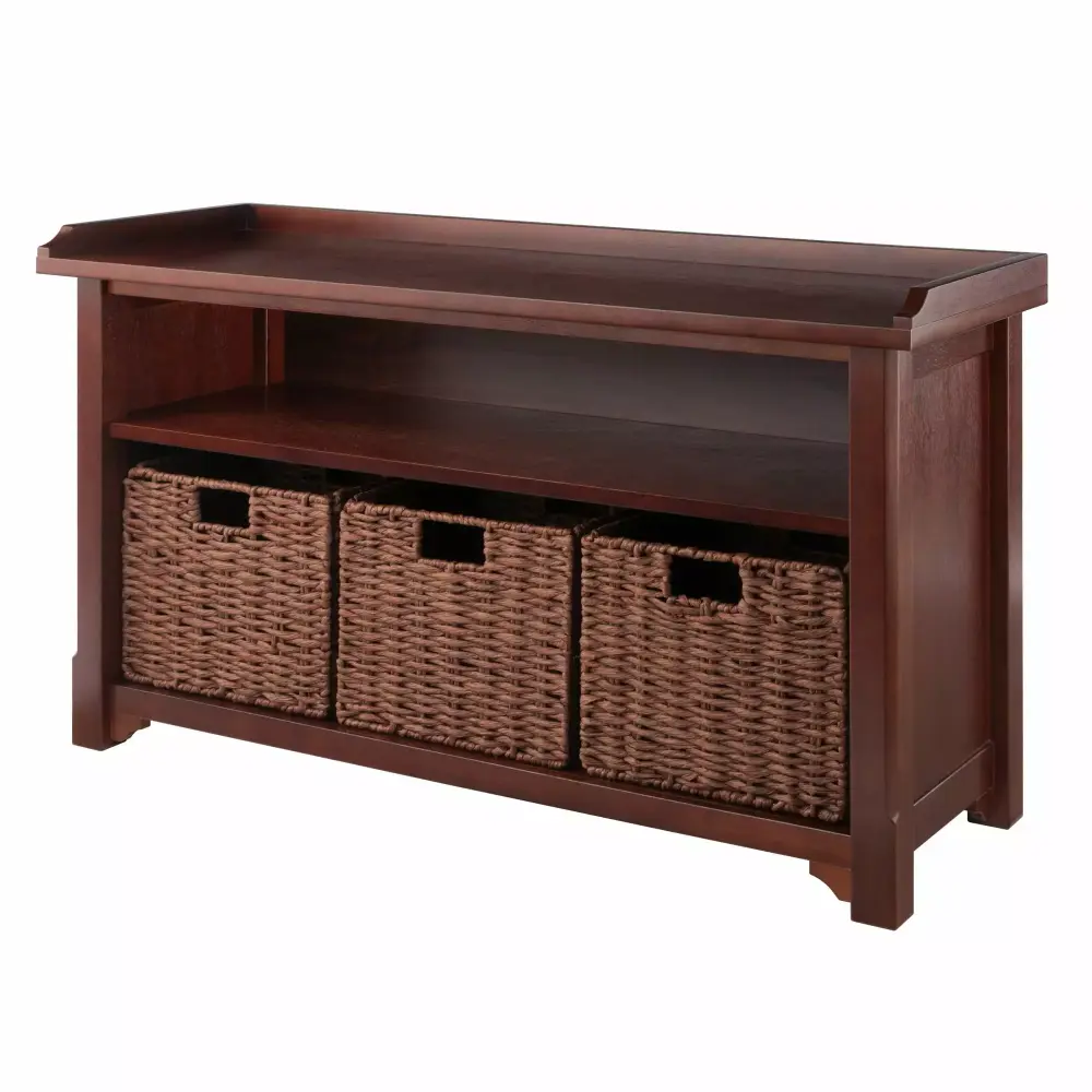 Milan 4-Pc Storage Bench with 3 Foldable Woven Baskets Walnut