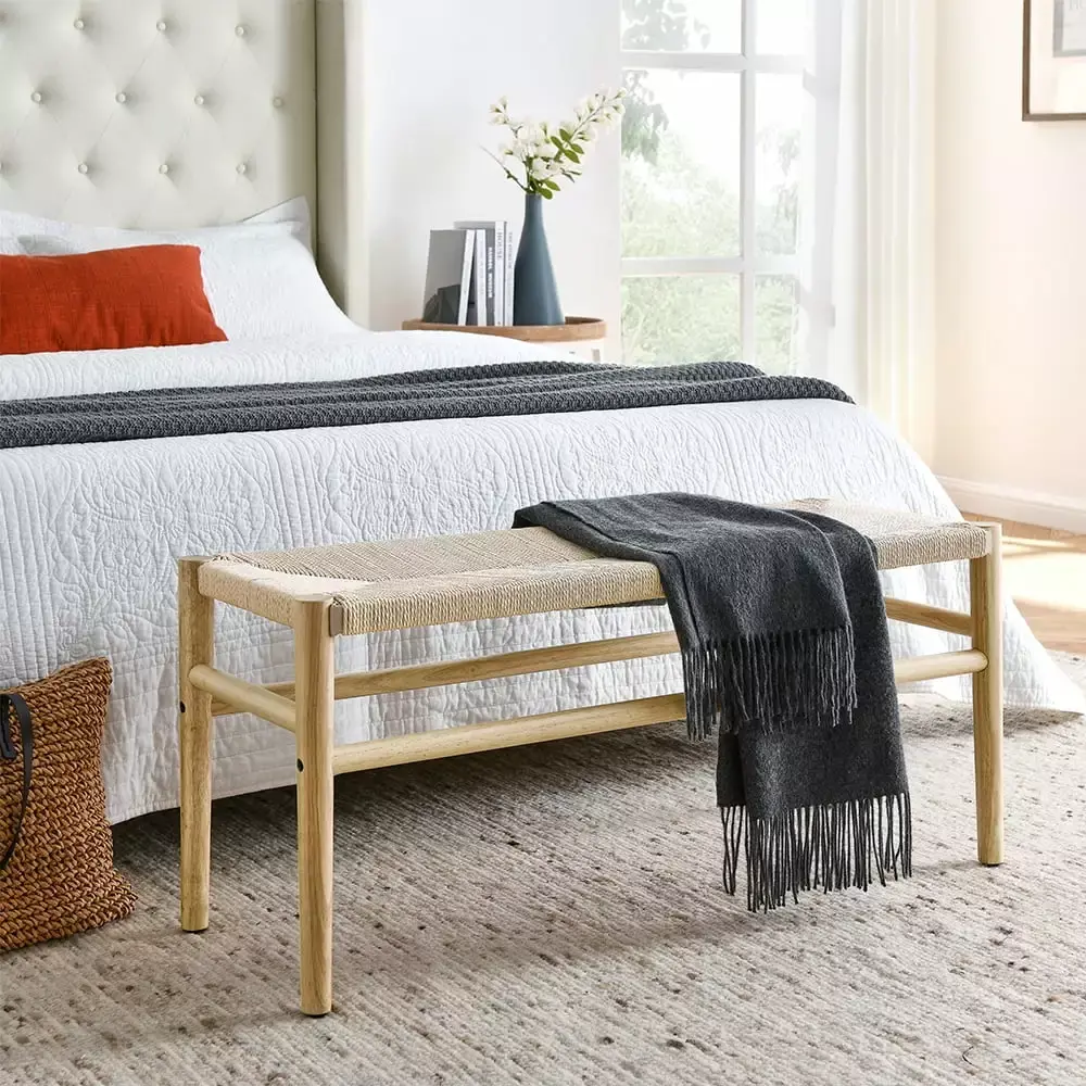 CJC Long Bench with Woven Rope Top and Solid Wood Frame for Bedroom or Entryway