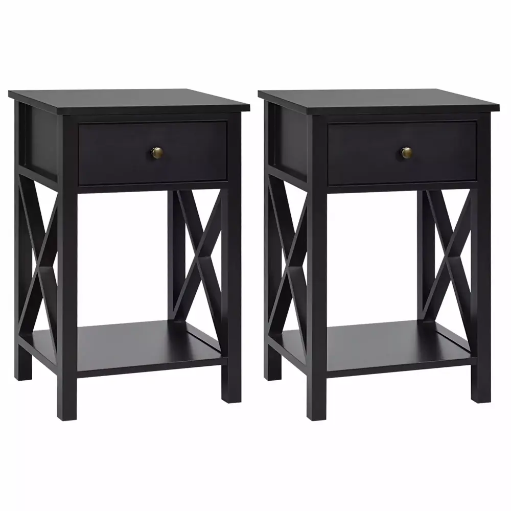 Gymax Set of 2 Nightstand Sofa Side End Table X Design with Shelf Drawer Brown