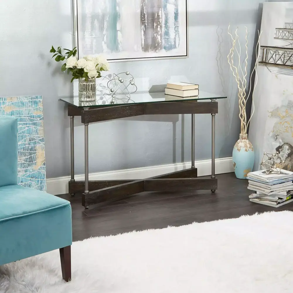 Garth Glass and Wood X-Frame Console Table Modern Entryway Sofa Table for Living Room