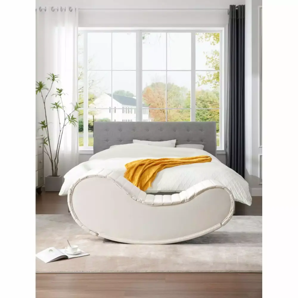 Rocking Leisure Bench Relax Yoga Chaise Modern Faux Leather Curved Sofa White Black