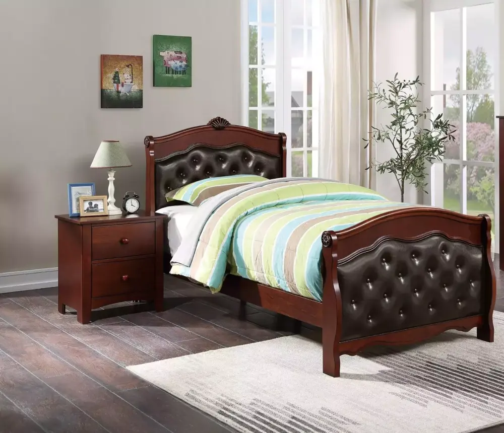 Traditional Dark Cherry Youth Bedroom Full Size Bed Set with 2 Nightstands and Tufted Headboard