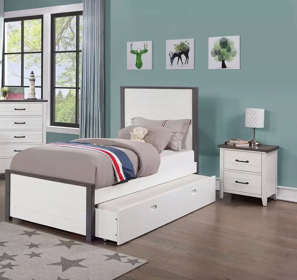 Contemporary Two-Tone White Gray Youth Bedroom Set Full Bed with Trundle