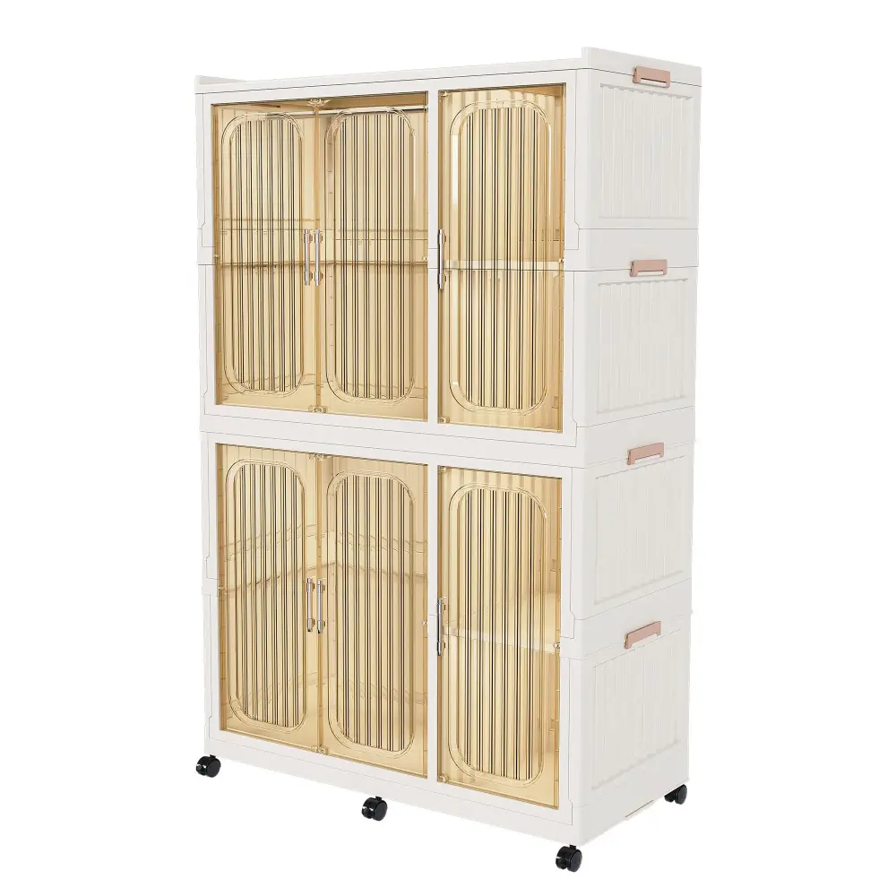 Portable Wardrobe Closet Storage Organizer Clothes, 6 Magnetic Doors 6 Cubes & 2 Hanging Rods, 6 Hangers - Cream White