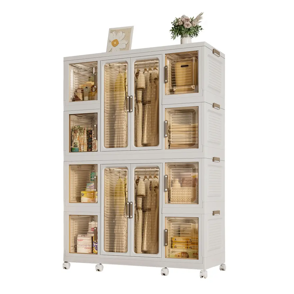 Portable Wardrobe Closet Storage Organizer Clothes Magnetic Doors, 12 Cubes & 2 Hanging Rods - Ivory