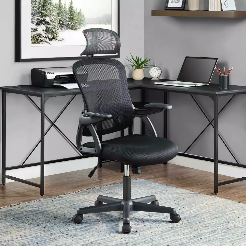 Mainstays Ergonomic Office Chair Adjustable Headrest Black Fabric 275 lb Capacity